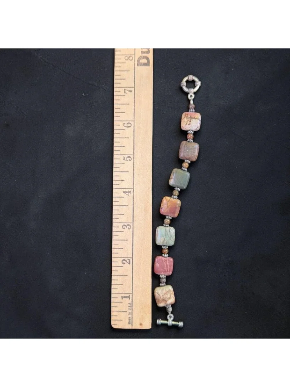 Vintage Jasper Stone Bracelet Earthy Square Beads W/ Toggle Clasp Handmade 7.5” - Picture 3 of 8